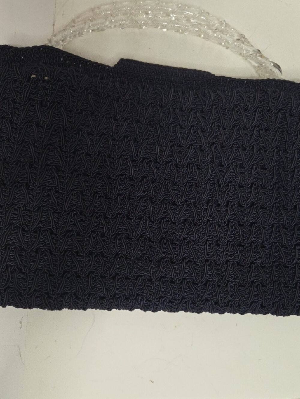 Vintage 1940s Navy Blue Corde Crochet Handbag with Carved Lucite Clasp 19x9 In . - Picture 3 of 6